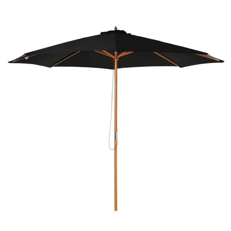 Outsunny Sombrilla Terraza Exterior Ø300 cm Sombrilla de Jardín con Sistema de Polea Techo Ventilado y Poste Desmontable de Madera Parasol para Patio Terraza Negro