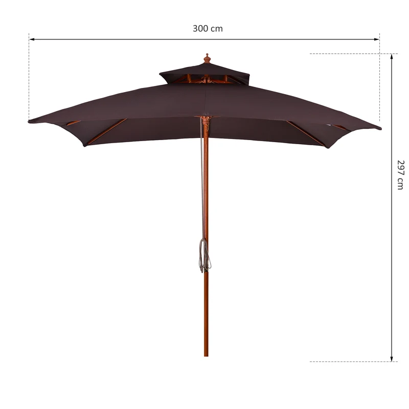 Outsunny Sombrilla de Jardín 3x3x3 m Parasol de Jardín de Bambú con Doble Techo Sistema de Polea Impermeable para Terraza Balcón Exterior Marrón