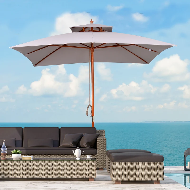 Outsunny Sombrilla de Jardín 3x3x3 m Parasol de Jardín de Bambú con Doble Techo Sistema de Polea Impermeable para Terraza Balcón Exterior Gris