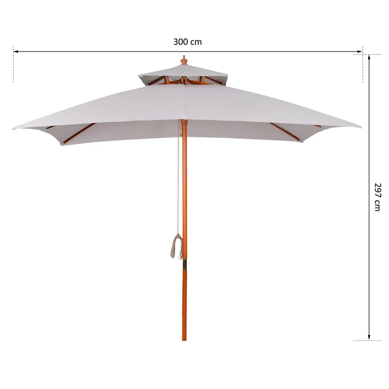 Outsunny Sombrilla de Jardín 3x3x3 m Parasol de Jardín de Bambú con Doble Techo Sistema de Polea Impermeable para Terraza Balcón Exterior Gris