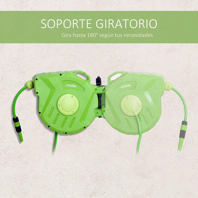 Outsunny Carrete para Manguera 15M+1,5M Soporte Mural Portamanguera Roll-up Automático Giratorio 180° con Pistola de Pulverización Base de Pared Conector de Manguera para Jardín Terraza