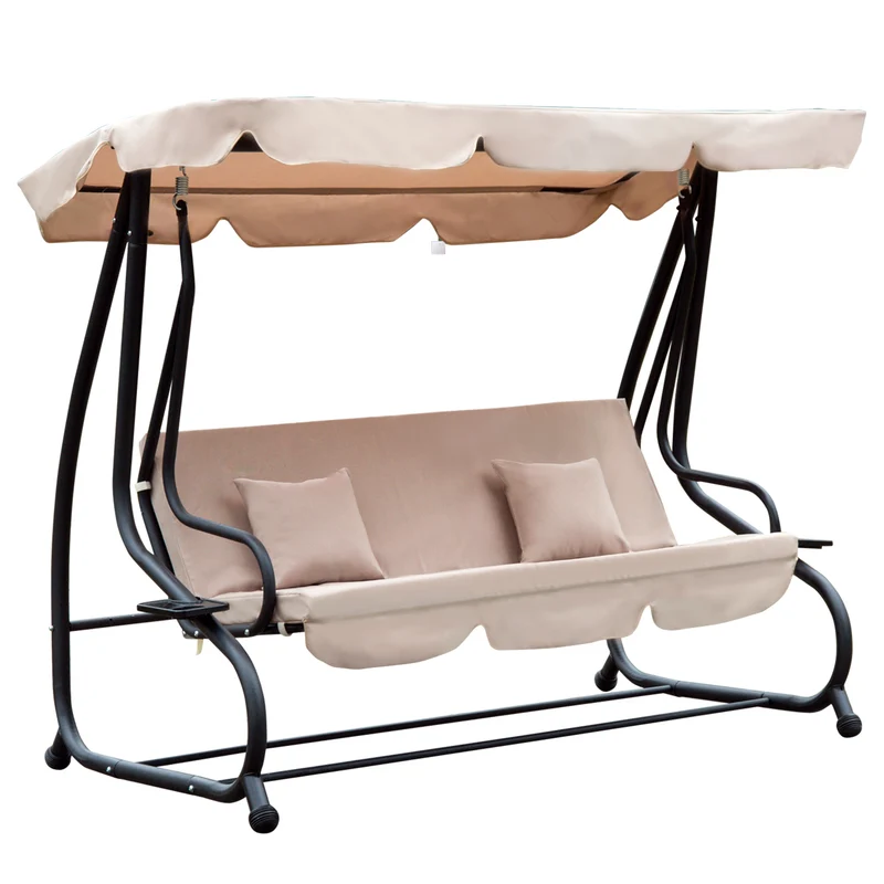 Outsunny Columpio Balancín Jardín 3 Plazas Convertible en Cama Techo Parasol Regulable Bandeja para Bebida Terrza Balcón Exterior Carga máx. 340kg 200x120x164cm Marco Acero