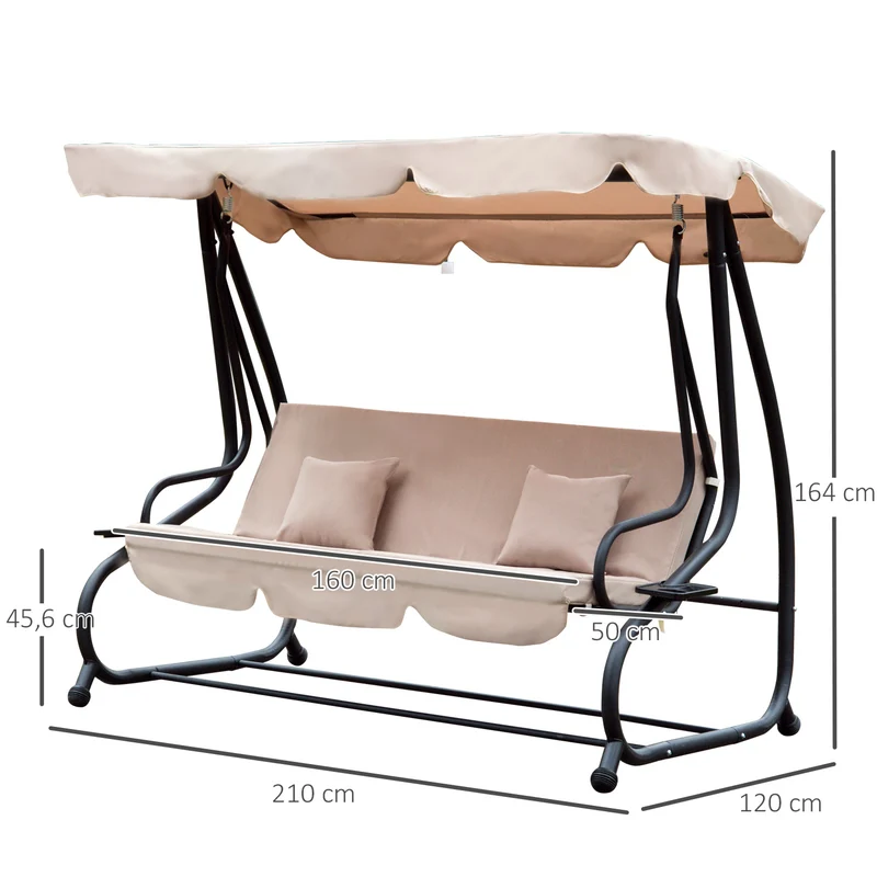 Outsunny Columpio Balancín Jardín 3 Plazas Convertible en Cama Techo Parasol Regulable Bandeja para Bebida Terrza Balcón Exterior Carga máx. 340kg 200x120x164cm Marco Acero