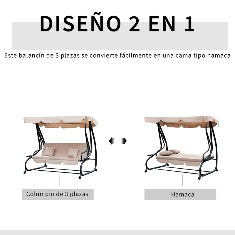 Outsunny Columpio Balancín Jardín 3 Plazas Convertible en Cama Techo Parasol Regulable Bandeja para Bebida Terrza Balcón Exterior Carga máx. 340kg 200x120x164cm Marco Acero
