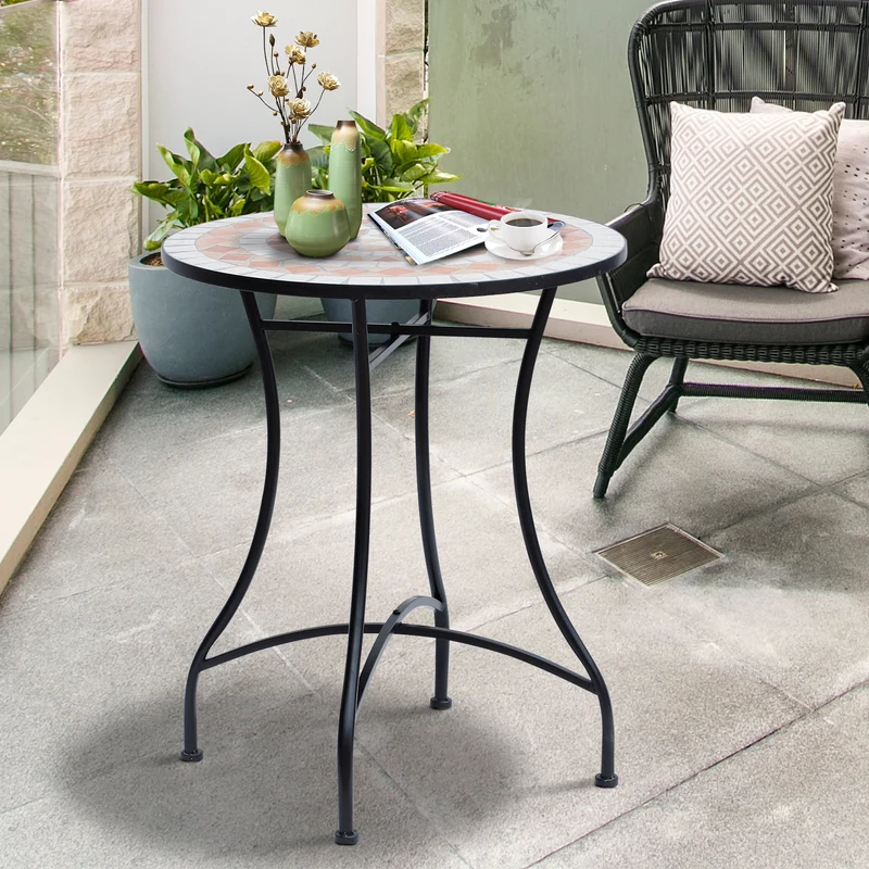 Outsunny Mesa de Jardín Mesa Mosaico Cerámica y Redonda Mesita de Café para Terraza Balcón Φ60x71cm
