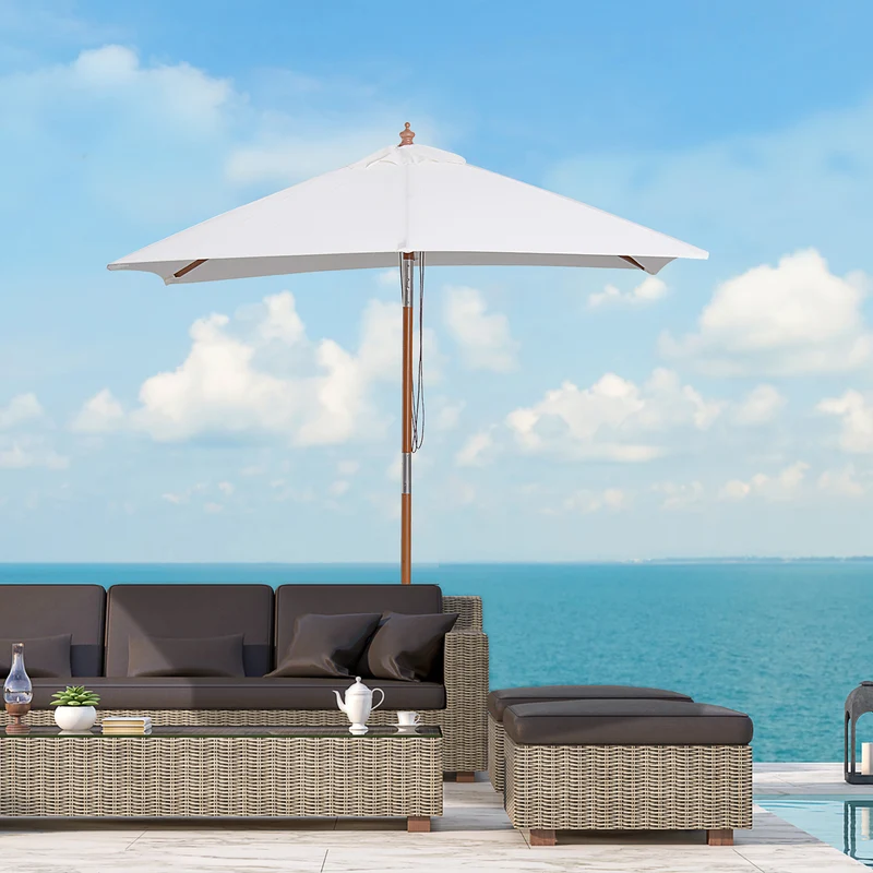 Outsunny Sombrilla Terraza Exterior 200x150 cm Sombrilla de Jardín Rectangular con Ángulo Ajustable Mástil de Madera y Manivela Parasol para Patio Terraza Crema
