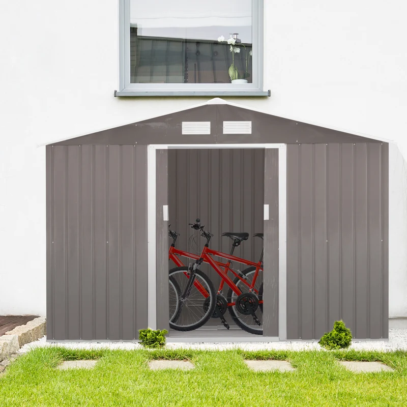 Outsunny Caseta de Jardín Exterior 4,9 m² 277x195x192 cm Cobertizo de Jardín Exterior con Puerta Corredera Techo Inclinado Base Refuerzo (Suelo NO Incluido) y 4 Ventanas Gris
