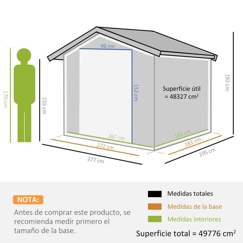 Outsunny Caseta de Jardín Exterior 4,9 m² 277x195x192 cm Cobertizo de Jardín Exterior con Puerta Corredera Techo Inclinado Base Refuerzo (Suelo NO Incluido) y 4 Ventanas Gris