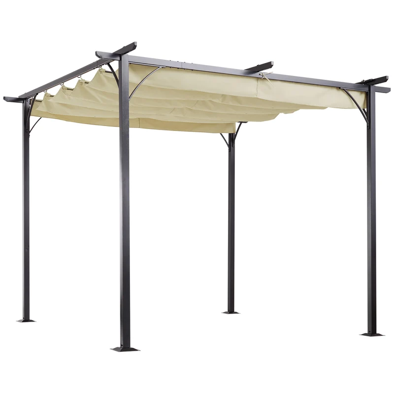 Outsunny Pérgola de Jardín 3x3m Gazebo Cenador para Exterior con Techo Retráctil Tela Poliéster Impermeable y Anti-UV para Patio Terraza Beige