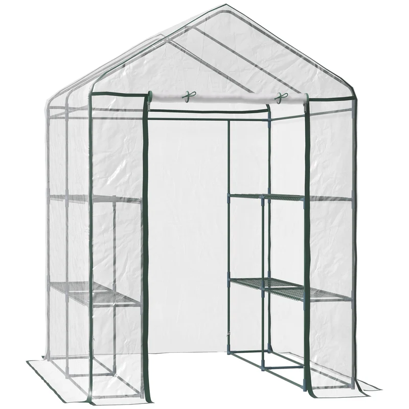 Outsunny Invernadero de Exterior Invernadero de Jardín de 3 Niveles con Estantes Marco de Acero para Cultivo de Plantas Flores Verduras 143x143x195 cm Translúcido y Verde