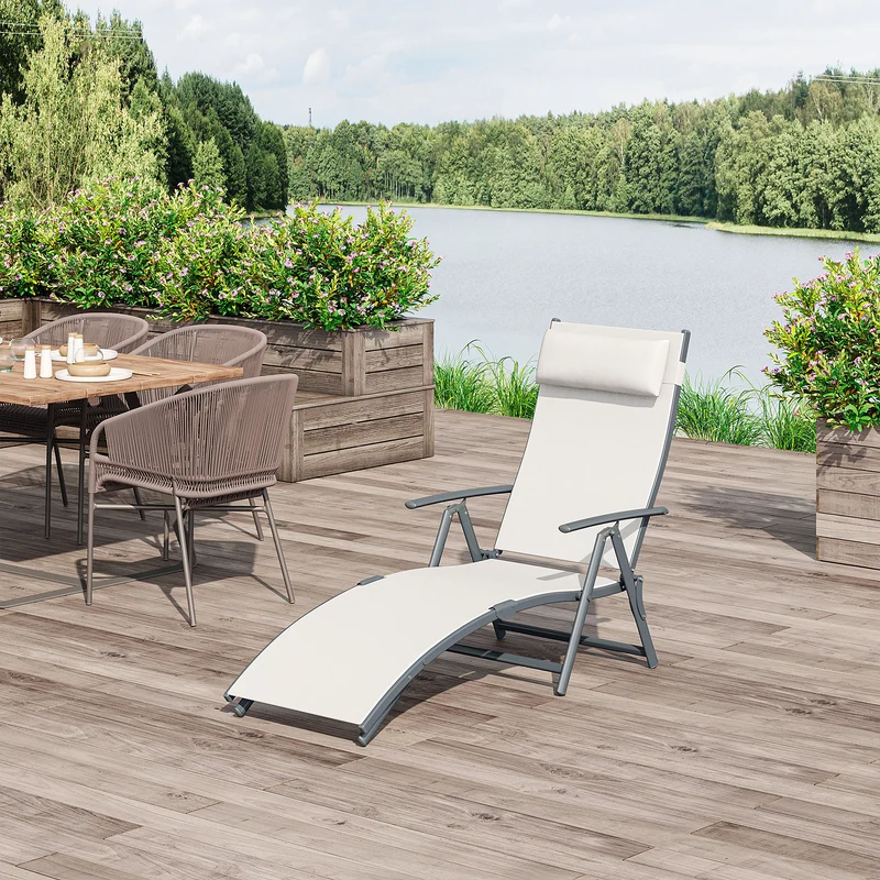 Outsunny Tumbona Plegable Tumbona de Jardín con Respaldo Ajustable en 7 Niveles Almohada y Reposabrazos Carga 165 kg para Piscina Terraza Camping 137x63,5x100,5 cm Beige