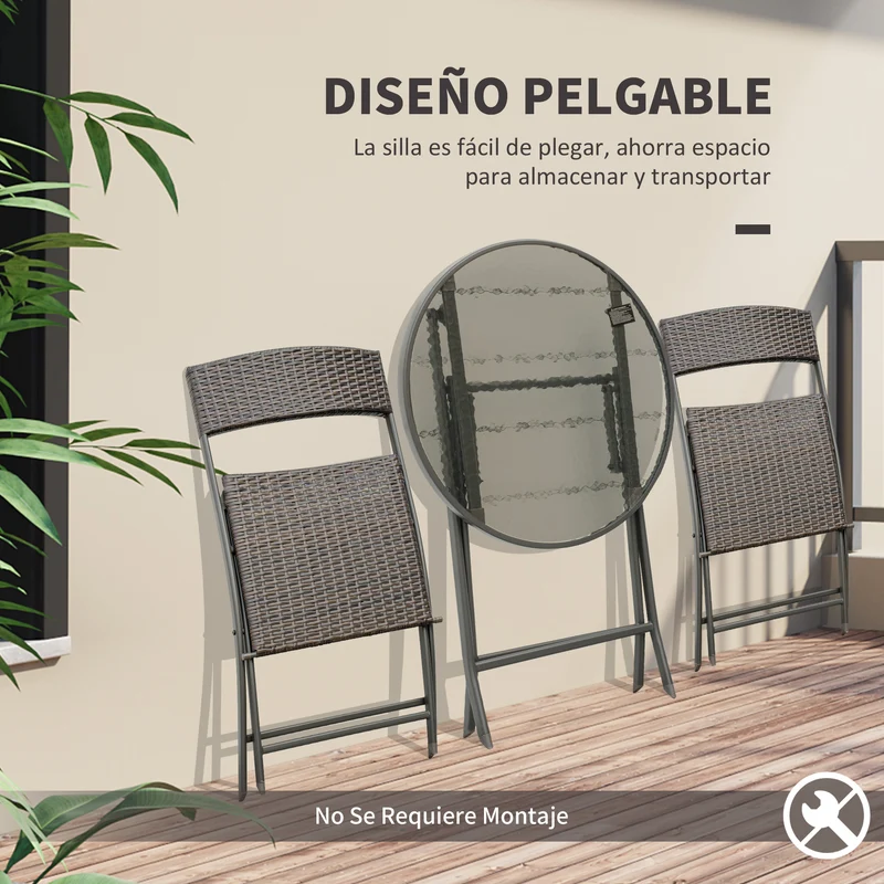 Conjunto jardín ratán 3 piezas – mesa y 2 sillas plegables con vidrio, terraza y patio, marrón | Outsunny