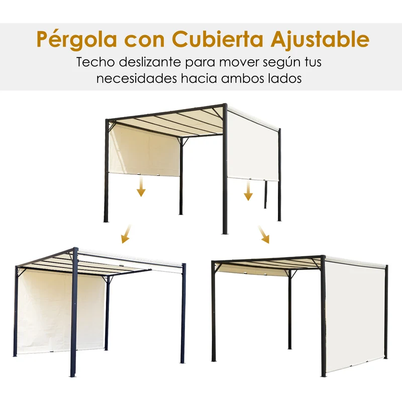 Outsunny Cenador de Jardín 3x3 m Pérgola Gazebo con Techo Retráctil Pared Lateral y Marco de Acero para Patio Terraza Crema