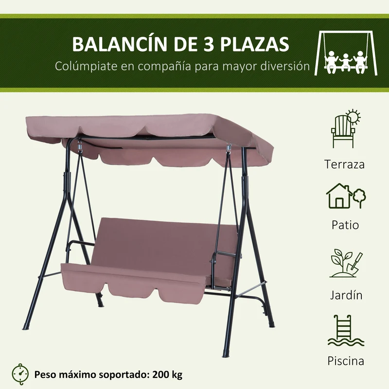 Outsunny Columpio de Jardín de 3 Plazas Silla Balancín con Parasol Techo Ajustable en Ángulo Impermeable para Exterior Terraza Balcón Carga Máx. 200 kg Acero 172x110x153 cm Marrón