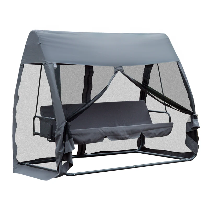 Outsunny Columpio de Jardín 3 Plazas Convertible en Cama Balancín con Mosquitera de Puertas Espacio de Almacenaje Terraza Balcón Exterior 240x140x197 cm Acero Carga Máx. 300 kg Gris