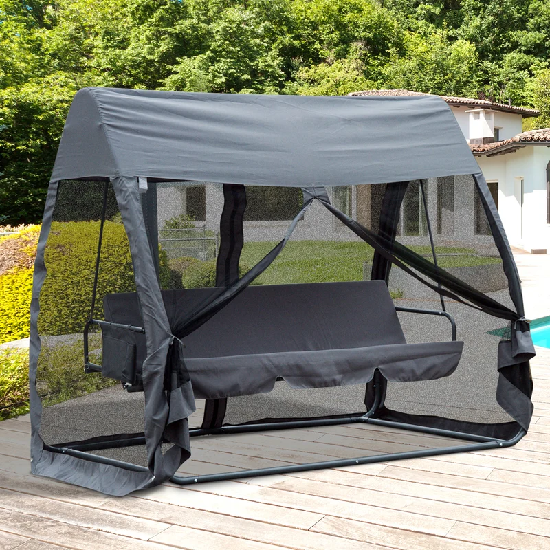 Outsunny Columpio de Jardín 3 Plazas Convertible en Cama Balancín con Mosquitera de Puertas Espacio de Almacenaje Terraza Balcón Exterior 240x140x197 cm Acero Carga Máx. 300 kg Gris