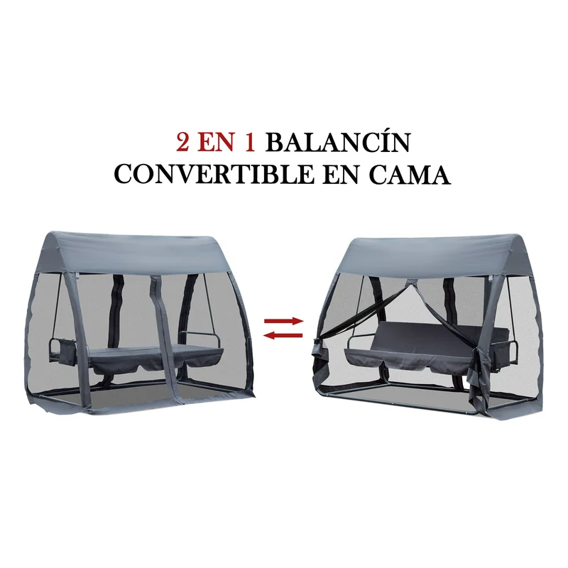 Outsunny Columpio de Jardín 3 Plazas Convertible en Cama Balancín con Mosquitera de Puertas Espacio de Almacenaje Terraza Balcón Exterior 240x140x197 cm Acero Carga Máx. 300 kg Gris