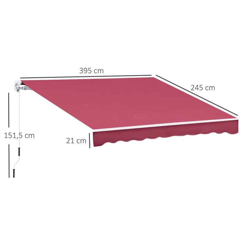 Outsunny Toldo Manual Retráctil 395x245 cm Toldo para Balcón con Manivela de Metal Impermeable y Anti-UV Toldo Enrollable de Exterior para Jardín Terraza Ventanas Rojo