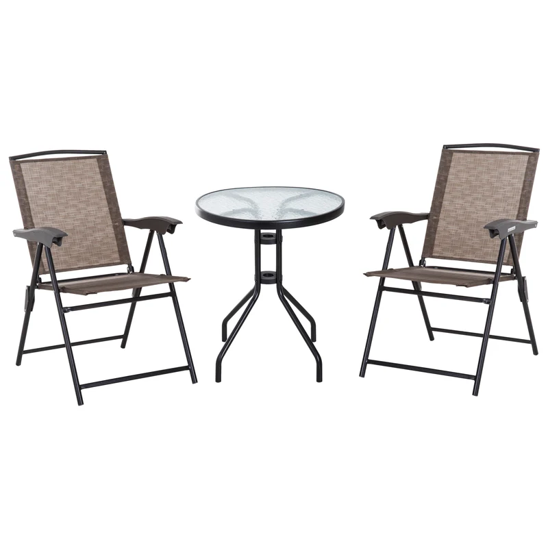 Outsunny Conjunto Mesa y 2 Sillas Muebles para Jardín Exterior Patio Terraza Silla Plegable Respaldo Reclinable a 4 Niveles Texteline Marco Acero Marrón