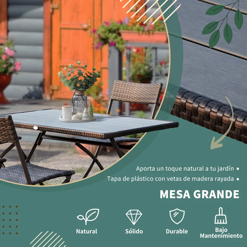 Conjunto muebles jardín ratán plegable 7 piezas – mesa y 6 sillas, acero, terraza y patio, marrón | Outsunny