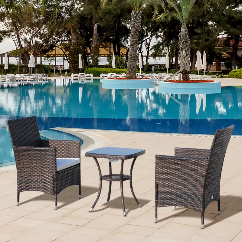 Conjunto jardín ratán 3 piezas – mesa y 2 sillones con cojines, estructura metal, terraza y patio, marrón | Outsunny
