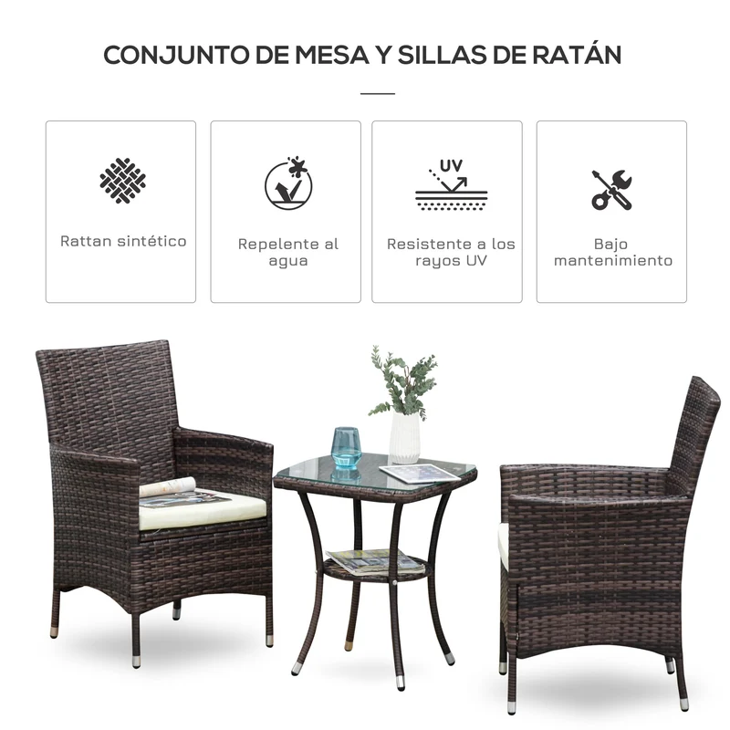 Conjunto jardín ratán 3 piezas – mesa y 2 sillones con cojines, estructura metal, terraza y patio, marrón | Outsunny