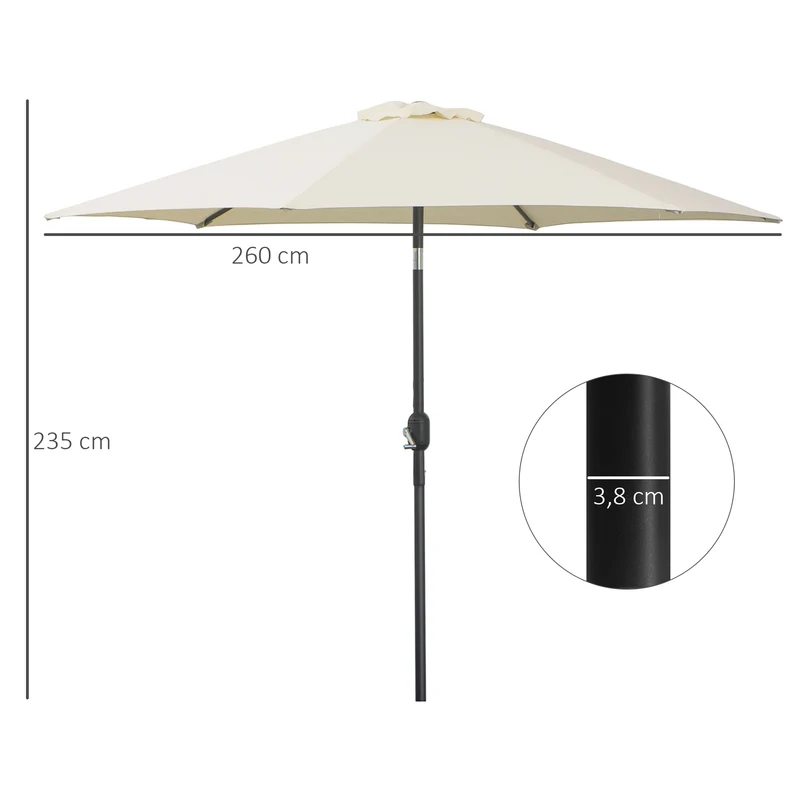Outsunny Sombrilla para Jardín de Aluminio Ø260x235 cm Parasol de Jardín Reclinable con Manivela y 6 Varillas de Metal para Terraza Exterior Balcón Crema