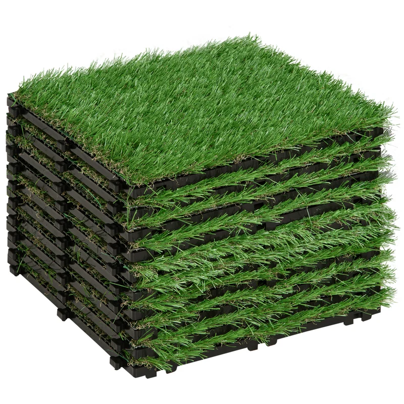 Outsunny Césped Artificial 30x30 cm 10 Piezas con Altura de Hierba 25mm Alta Densidad de 11000 Alfombra de Césped Artificial Césped Sintética para Jardín Terraza Exterior Verde