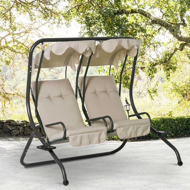 Outsunny Balancín de Jardín de 2 Plazas con Asientos Individuales con Cojines Toldos Extraíbles Mesas Laterales y Marco de Acero 170x136x170 cm Beige