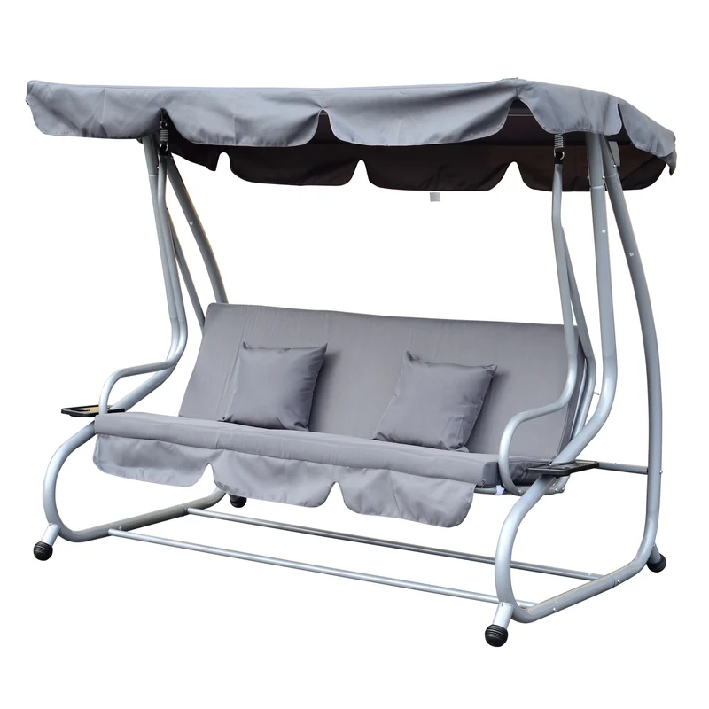 Outsunny Columpio Balancín Jardín 3 Plazas Convertible en Cama Techo Parasol Regulable Bandeja para Bebida Terrza Balcón Exterior Carga máx. 340kg Acero 200x120x164cm Gris