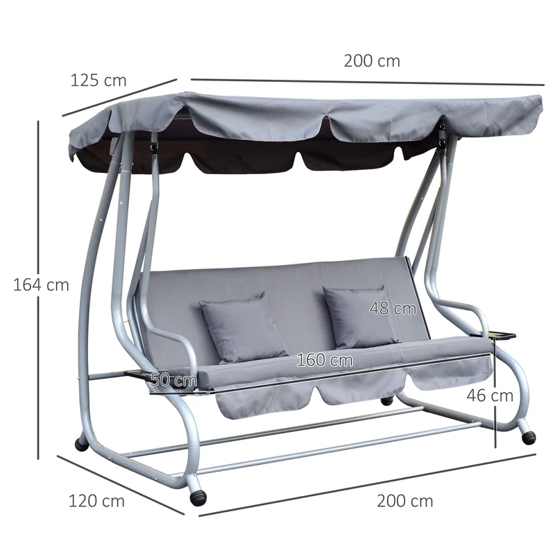 Outsunny Columpio Balancín Jardín 3 Plazas Convertible en Cama Techo Parasol Regulable Bandeja para Bebida Terrza Balcón Exterior Carga máx. 340kg Acero 200x120x164cm Gris