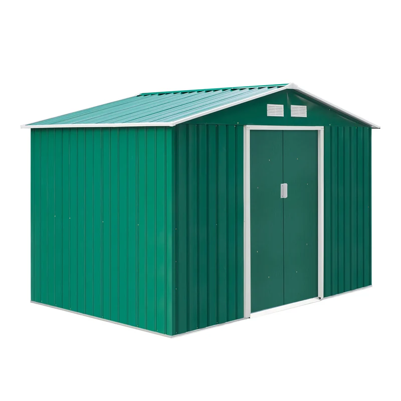 Outsunny Caseta de Jardín Exterior 4,9 m² 277x195x192 cm Cobertizo de Jardín Exterior con Puerta Corredera Techo Inclinado Base Refuerzo (Suelo NO Incluido) y 4 Ventanas Verde Oscuro