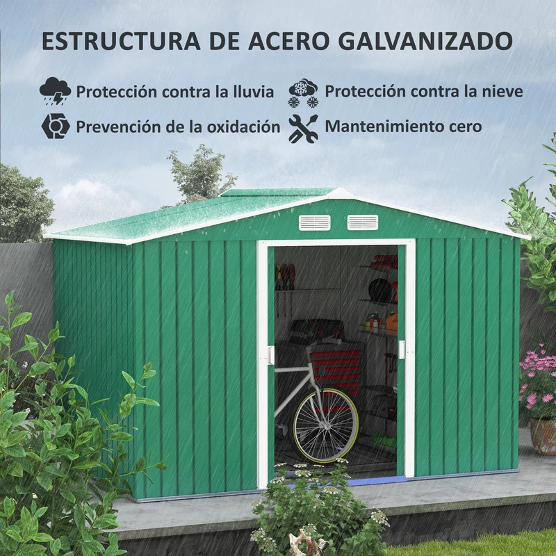 Outsunny Caseta de Jardín Exterior 4,9 m² 277x195x192 cm Cobertizo de Jardín Exterior con Puerta Corredera Techo Inclinado Base Refuerzo (Suelo NO Incluido) y 4 Ventanas Verde Oscuro