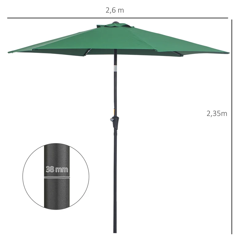Outsunny Sombrilla para Jardín de Aluminio Ø260x235 cm Parasol de Jardín Reclinable con Manivela y 6 Varillas de Metal para Terraza Exterior Balcón Verde