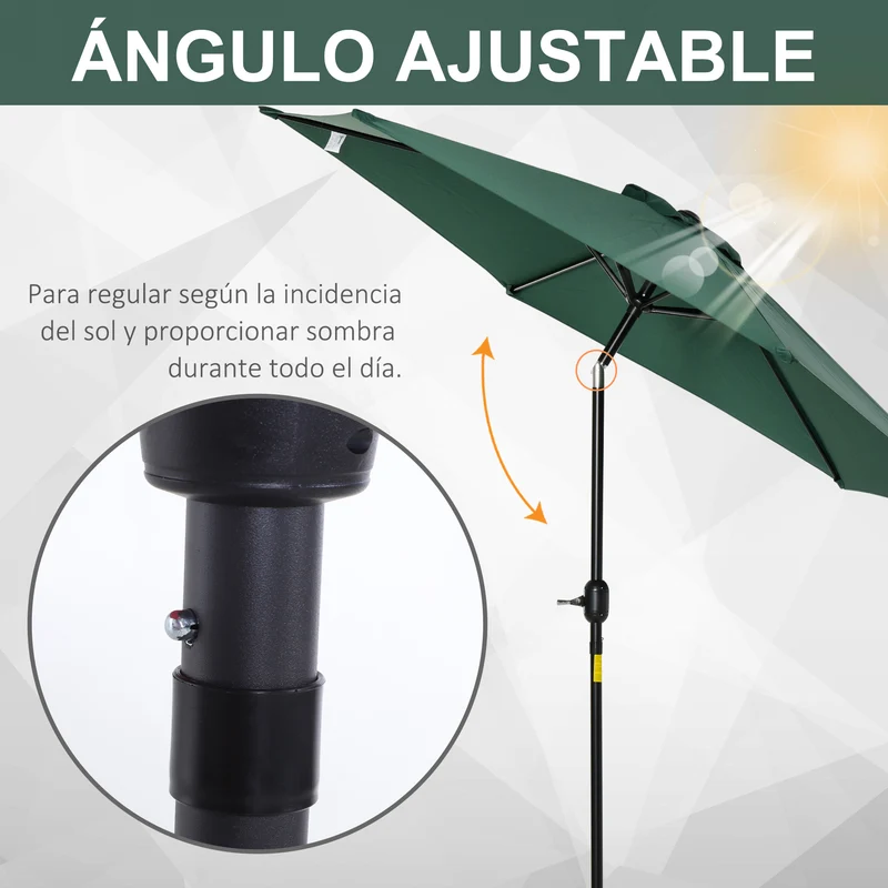 Outsunny Sombrilla para Jardín de Aluminio Ø260x235 cm Parasol de Jardín Reclinable con Manivela y 6 Varillas de Metal para Terraza Exterior Balcón Verde