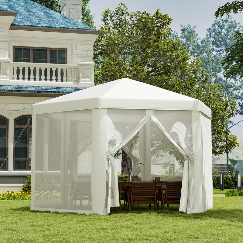 Outsunny Carpa Gazebo tipo Cenador Hexagonal con Mosquitera para Jardín y Terraza Ø1.97 m Material de Poliéster Impermeable (Crema)