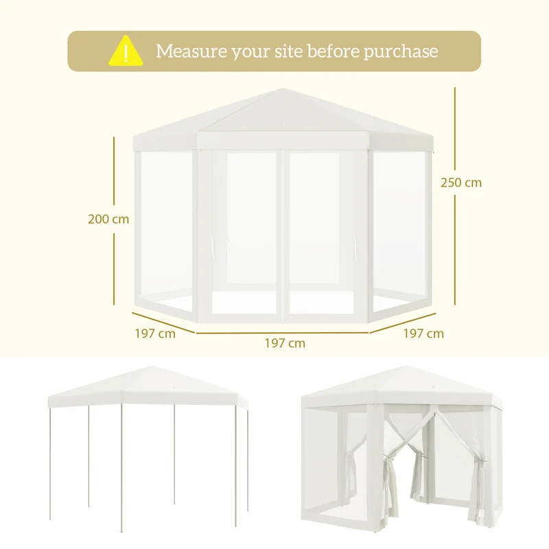 Outsunny Carpa Gazebo tipo Cenador Hexagonal con Mosquitera para Jardín y Terraza Ø1.97 m Material de Poliéster Impermeable (Crema)