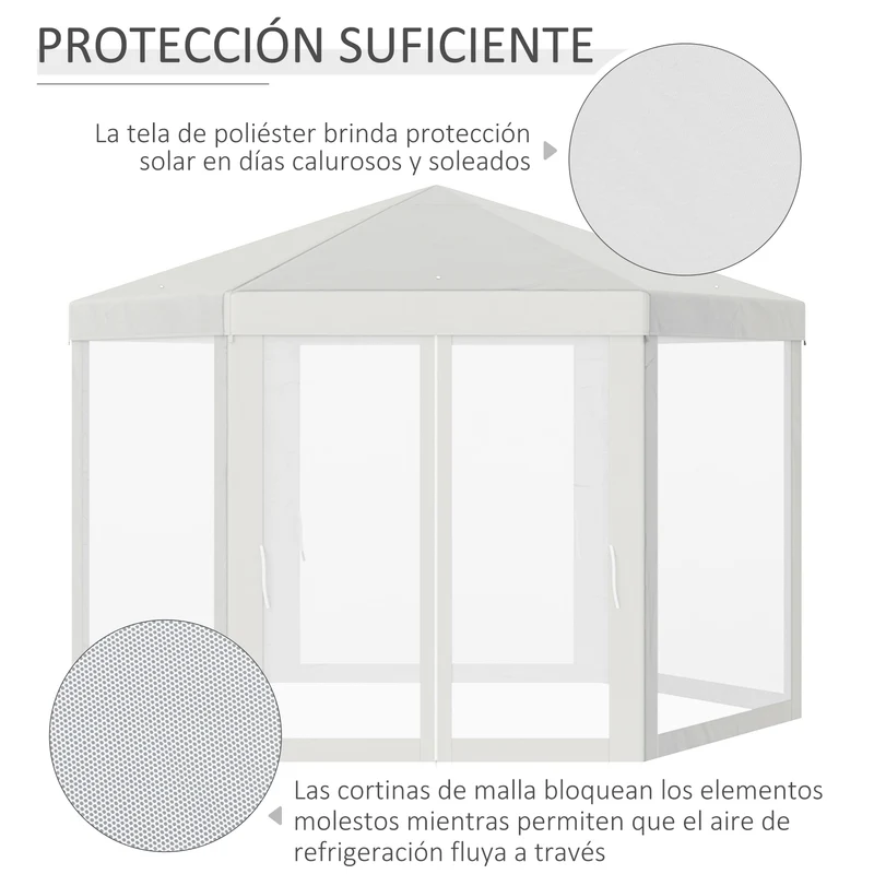 Outsunny Carpa Gazebo tipo Cenador Hexagonal con Mosquitera para Jardín y Terraza Ø1.97 m Material de Poliéster Impermeable (Crema)