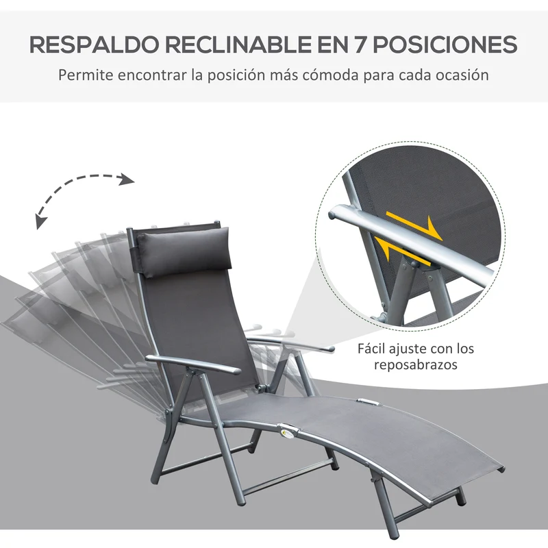 Outsunny Tumbona Plegable Tumbona de Jardín con Respaldo Ajustable en 7 Niveles Almohada y Reposabrazos Carga 165 kg para Piscina Terraza Camping 137x63,5x100,5 cm Gris