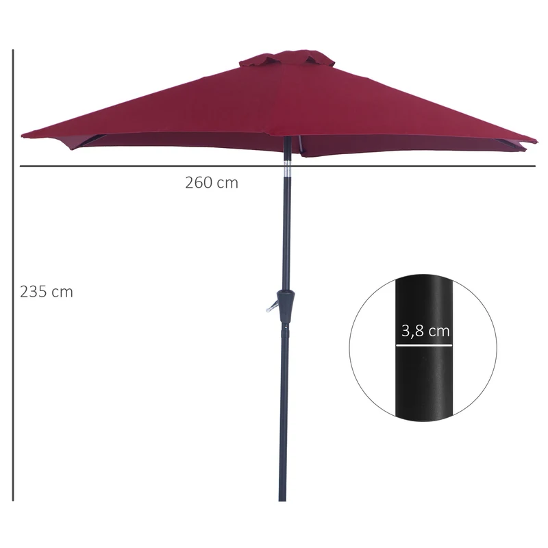 Outsunny Sombrilla para Jardín de Aluminio Ø260x235 cm Parasol de Jardín Reclinable con Manivela y 6 Varillas de Metal para Terraza Exterior Balcón Rojo