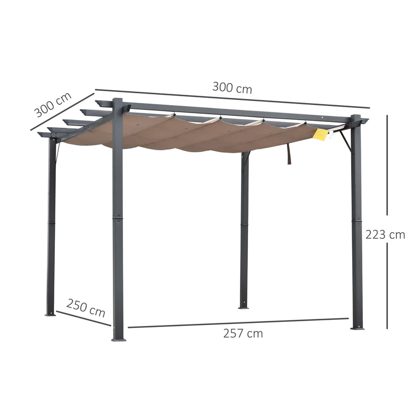 Outsunny Pérgola con Techo Retráctil Pérgola de Aluminio 3x3 m Cenador con Tela de Poliéster Resistente al Agua Anti-UV Pabellón para Jardín Patio Terraza Exterior Marrón y Gris