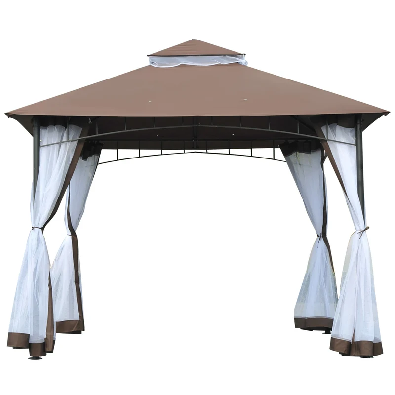 Outsunny Cenador de Jardín 3x3m Pabellón con Doble Techo y Mosquiteras Laterales con Cremallera Buena Ventilación Gazebo para Terraza Eventos Fiestas Bodas Marrón y Blanco
