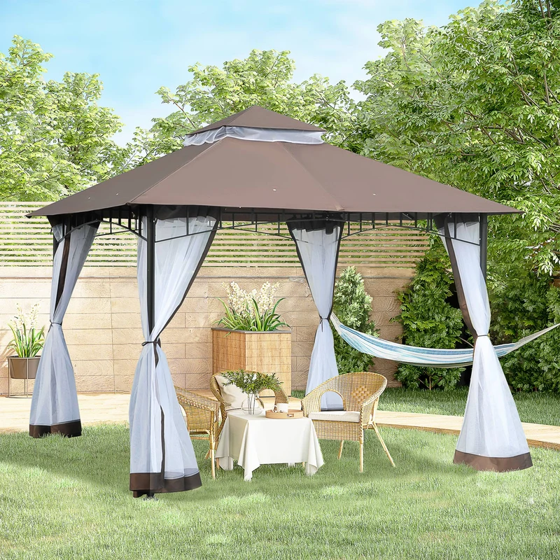 Outsunny Cenador de Jardín 3x3m Pabellón con Doble Techo y Mosquiteras Laterales con Cremallera Buena Ventilación Gazebo para Terraza Eventos Fiestas Bodas Marrón y Blanco