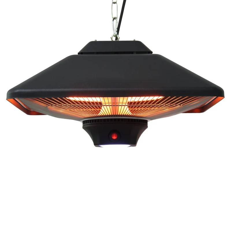 Outsunny Calefactor Exterior 1000/2000W Estufa Colgante de Techo Infrarrojos Radiante Halógeno con Control Remoto Luz LED para Interior y Exterior 43x43x25 cm Negro
