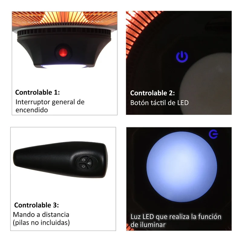 Outsunny Calefactor Exterior 1000/2000W Estufa Colgante de Techo Infrarrojos Radiante Halógeno con Control Remoto Luz LED para Interior y Exterior 43x43x25 cm Negro