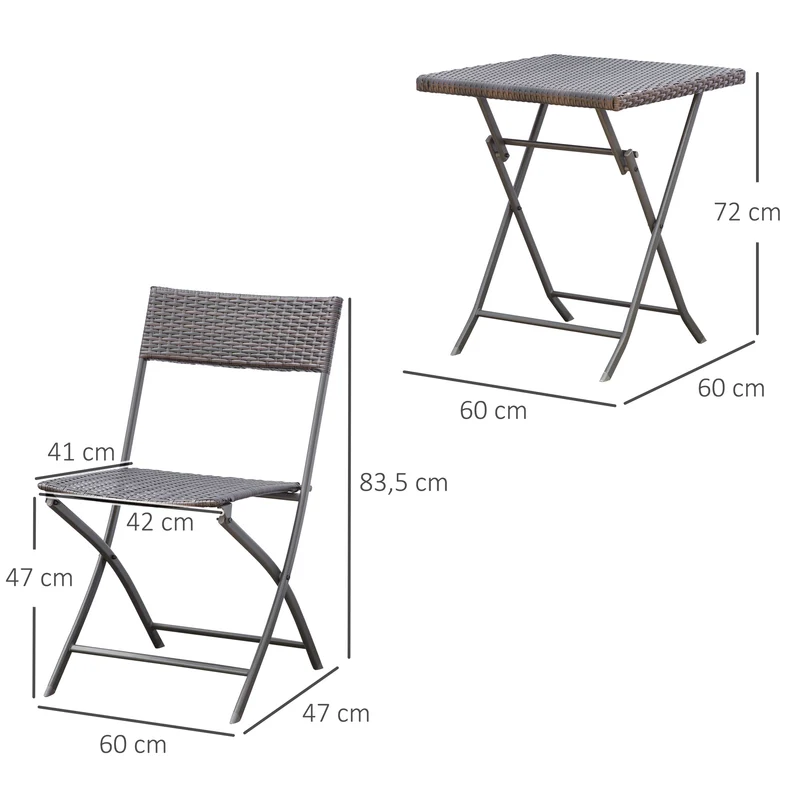 Outsunny Conjunto de Muebles de Jardín Plegable de 3 Piezas Juego de Sillas y Mesa de Ratán para Patio Balcón Jardín Diseño Trenzado Elegante Mesa de 60x60x72 cm Negro