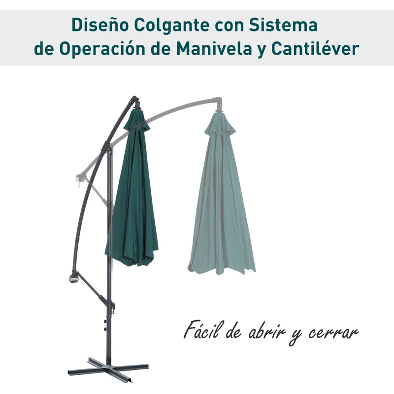 Outsunny Sombrilla de Jardín Ø300x250 cm Parasol Excéntrico Reclinable con Manivela Base Cruzada y Soporte de Acero 8 Varillas para Terraza Exterior Balcón Verde Oscuro