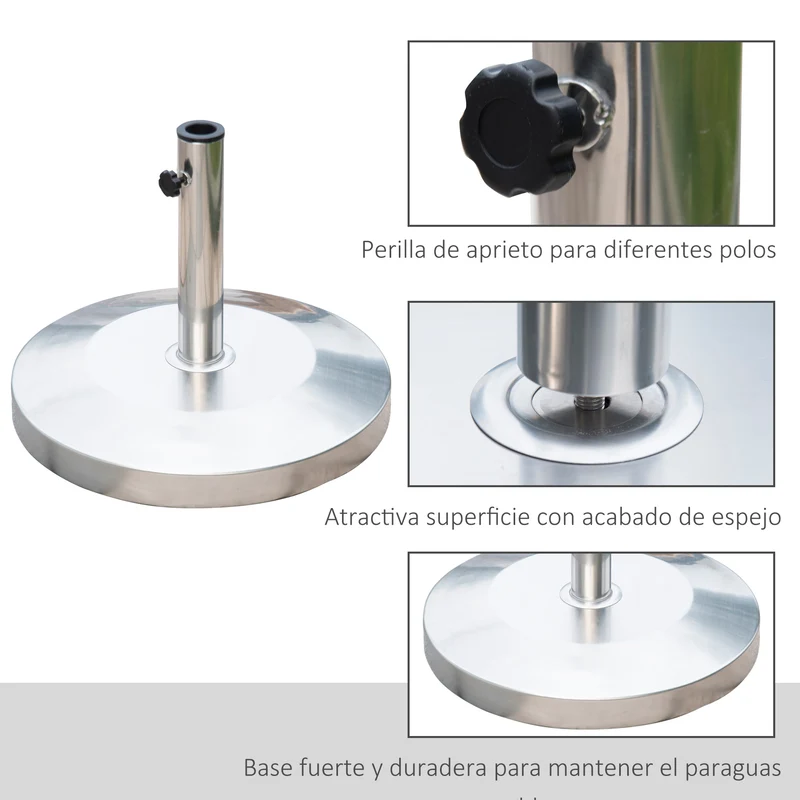 Outsunny Base para Sombrilla de Jardín Acero Inoxidable Peso Neto 25 kg Soporte Pie para Parasol Apto para Postes de Ø35 mm/Ø38 mm/Ø48 mm para Jardín Patio Color Plateado