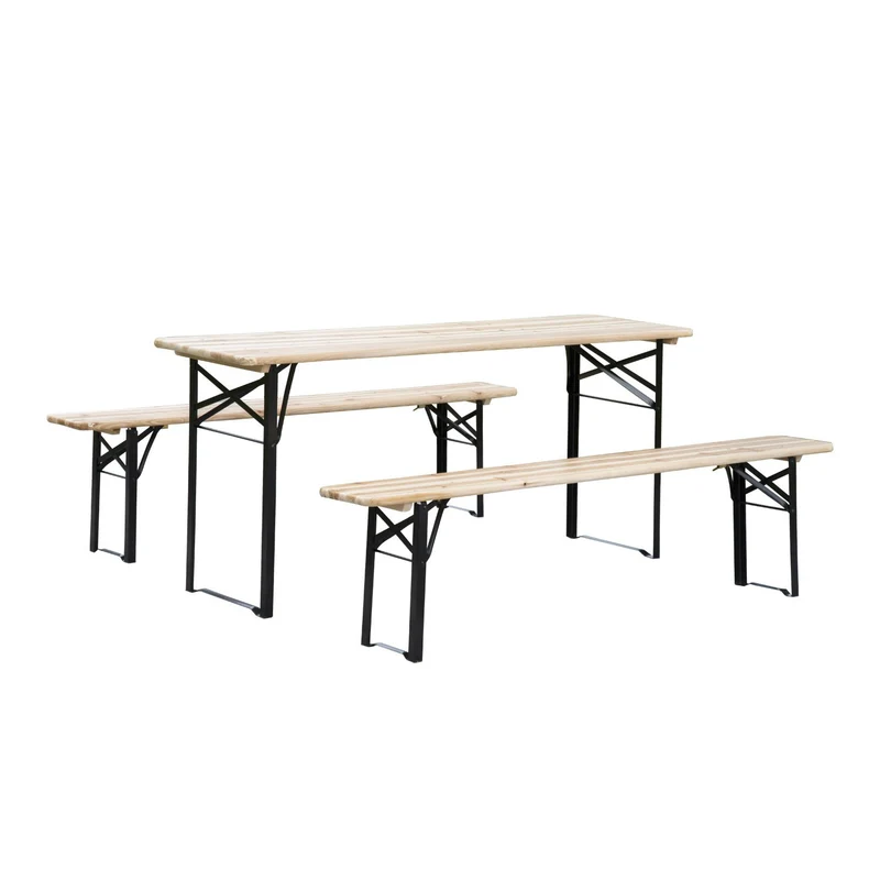 Outsunny Conjunto Mesa y 2 Bancos Plegables de Jardín Muebles para Camping Picnic Mesa de 180x50x75 cm y Asiento de 180x25x45 cm Madera y Negro