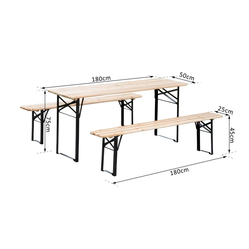 Outsunny Conjunto Mesa y 2 Bancos Plegables de Jardín Muebles para Camping Picnic Mesa de 180x50x75 cm y Asiento de 180x25x45 cm Madera y Negro